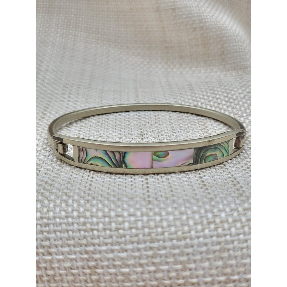 Vintage Alpaca Mexico Abalone Shell Inlay Hinged Bangle Bracelet Silver Tone